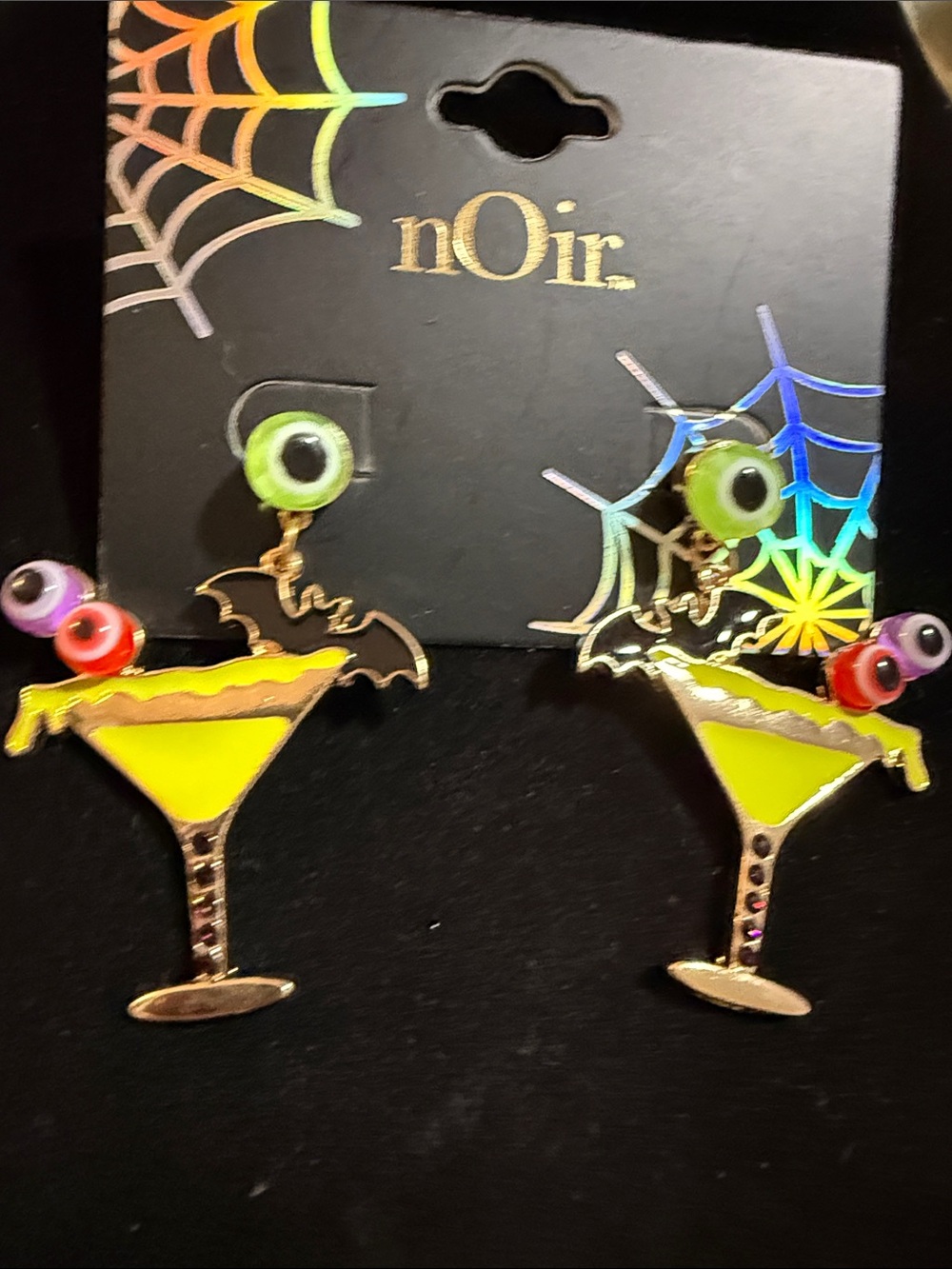NWT nOir Halloween Neon Yellow Martini Bat & Eyeball Drop Earrings with bats 2”
